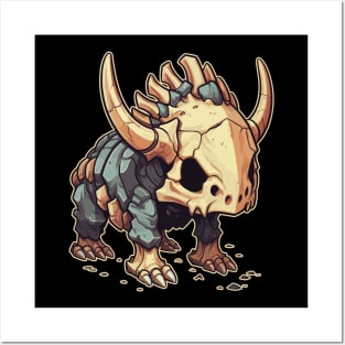Super Scary Chibi Triceratops Isometric Dinosaur Skeleton Posters and Art